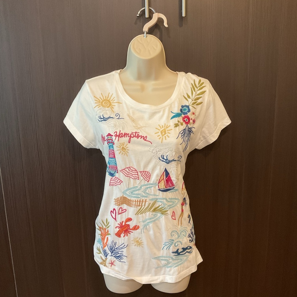 Johnny Was White Tee with Vibrant Nautical Embroidery